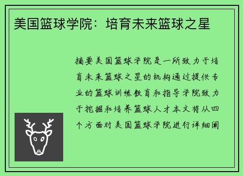 美国篮球学院：培育未来篮球之星