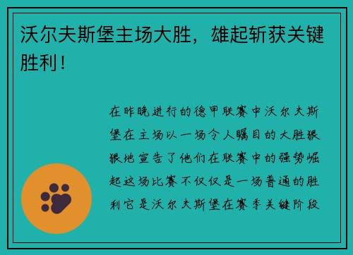 沃尔夫斯堡主场大胜，雄起斩获关键胜利！