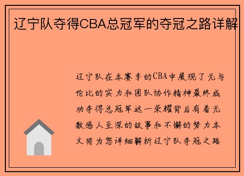 辽宁队夺得CBA总冠军的夺冠之路详解