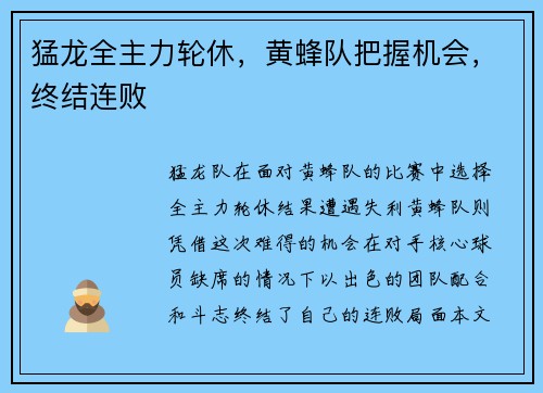 猛龙全主力轮休，黄蜂队把握机会，终结连败