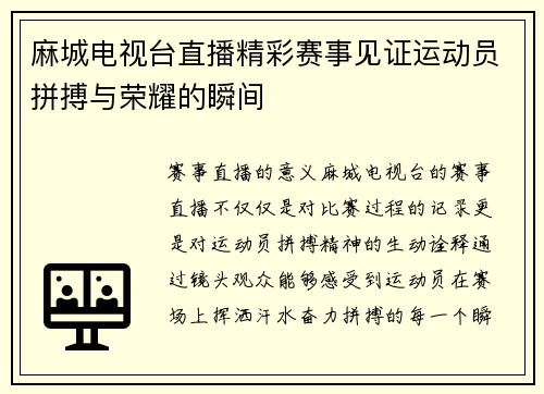 麻城电视台直播精彩赛事见证运动员拼搏与荣耀的瞬间