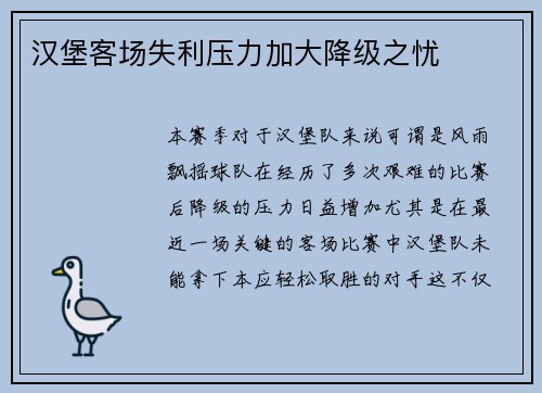 汉堡客场失利压力加大降级之忧